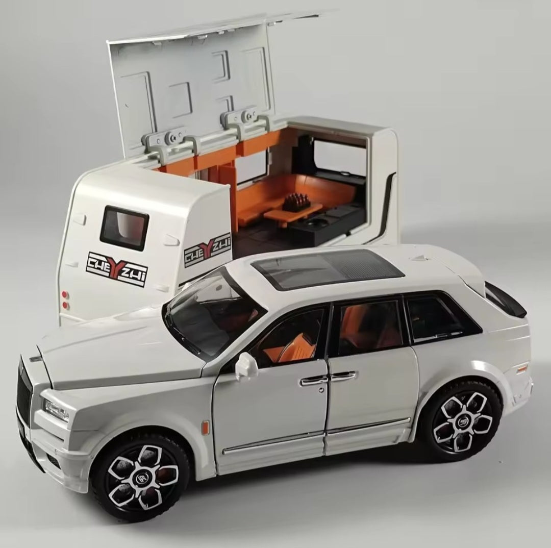 1/20 Cullinan SUV Alloy Trailer RV Car Model Diecast Metal Camper Van Motorhome Touring Car Vehicles Model Sound Light Kids Gift