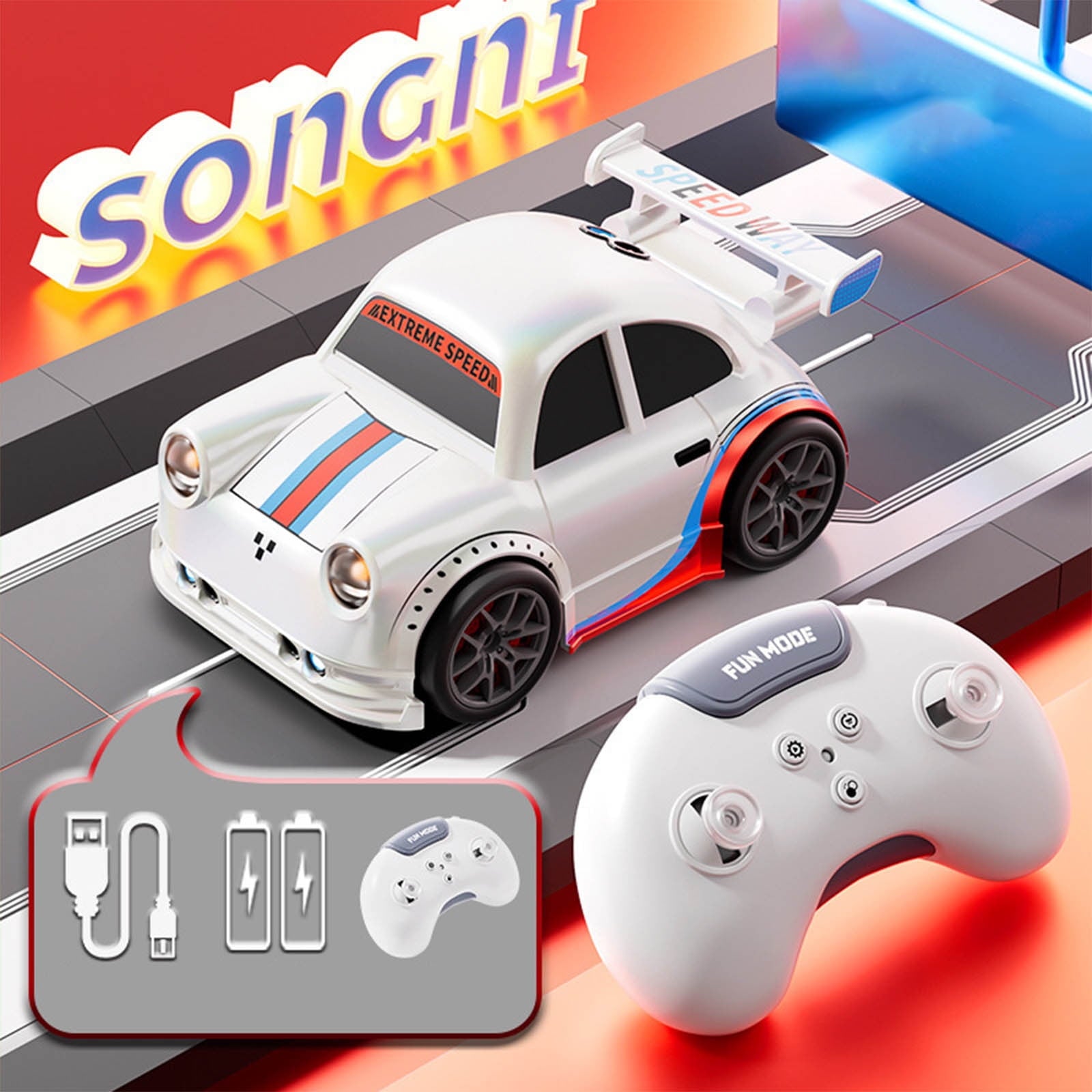 2.4G RC Drift Car Rechargeable Remote Control Stunt Vehicle with Lights & Sounds, Rotating Drift Racing Toy for Kids Indoor Gift