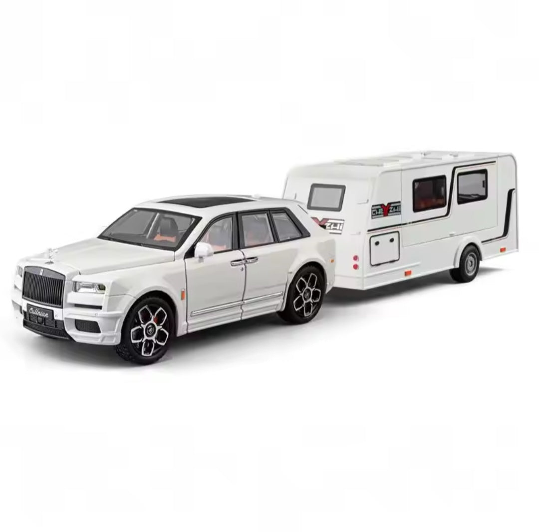 1/20 Cullinan SUV Alloy Trailer RV Car Model Diecast Metal Camper Van Motorhome Touring Car Vehicles Model Sound Light Kids Gift