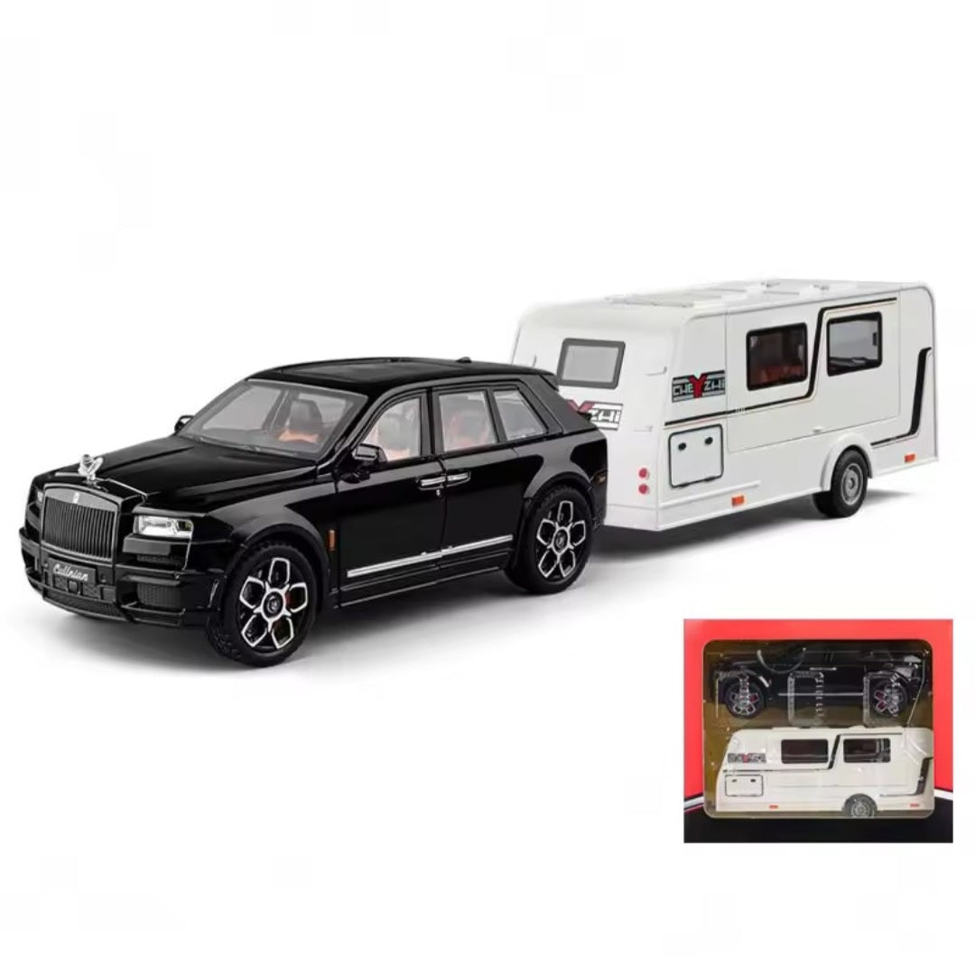 1/20 Cullinan SUV Alloy Trailer RV Car Model Diecast Metal Camper Van Motorhome Touring Car Vehicles Model Sound Light Kids Gift