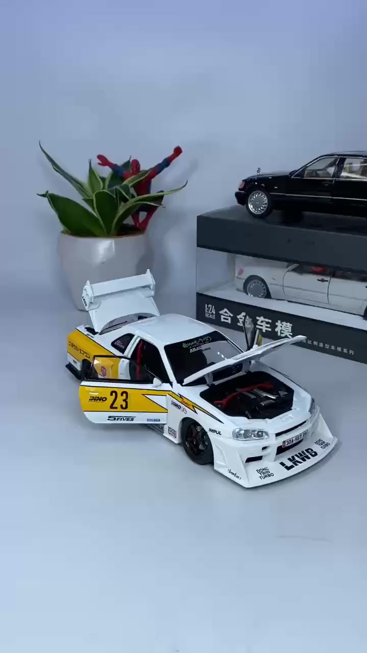 1:24 skyline Gtr R34 alloy modified wide body sports car model sound and light