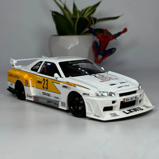 1:24 skyline Gtr R34 alloy modified wide body sports car model sound and light