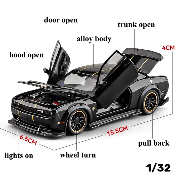 1:32 Dodge Challenger Hellcat SRT Alloy Car Model Sound Light Pull Back Metal Toy Vehicle Boy Gift Collection