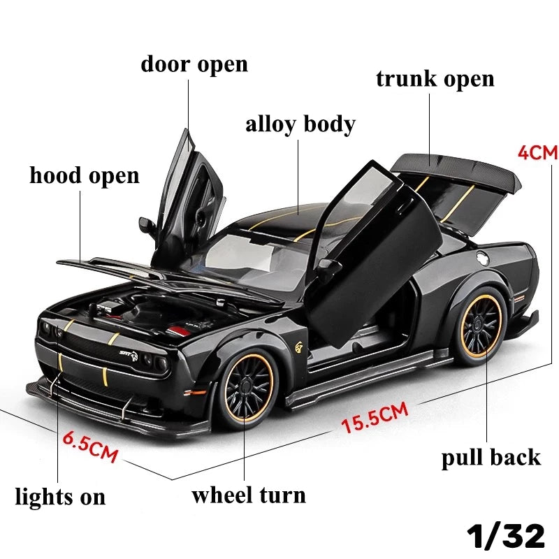 1:32 Dodge Challenger Hellcat SRT Alloy Car Model Sound Light Pull Back Metal Toy Vehicle Boy Gift Collection