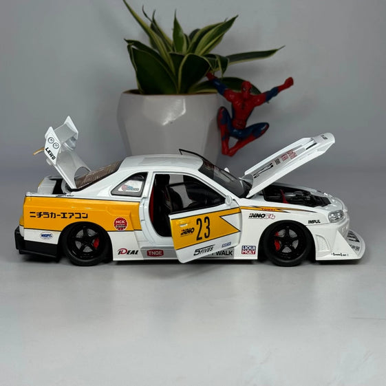 1:24 skyline Gtr R34 alloy modified wide body sports car model sound and light