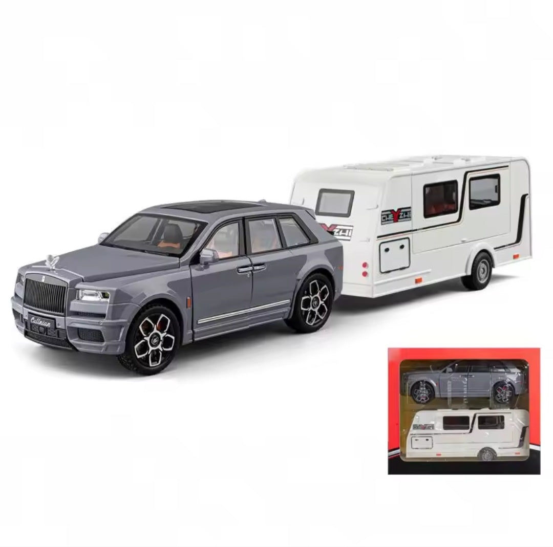 1/20 Cullinan SUV Alloy Trailer RV Car Model Diecast Metal Camper Van Motorhome Touring Car Vehicles Model Sound Light Kids Gift