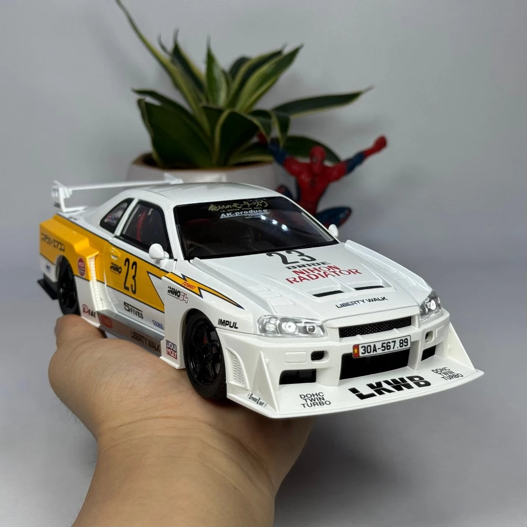 1:24 skyline Gtr R34 alloy modified wide body sports car model sound and light