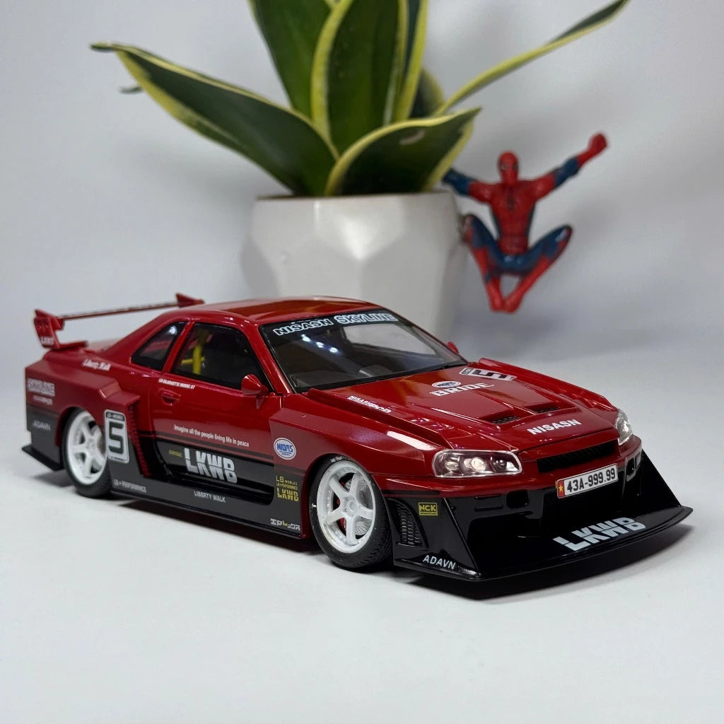 1:24 skyline Gtr R34 alloy modified wide body sports car model sound and light