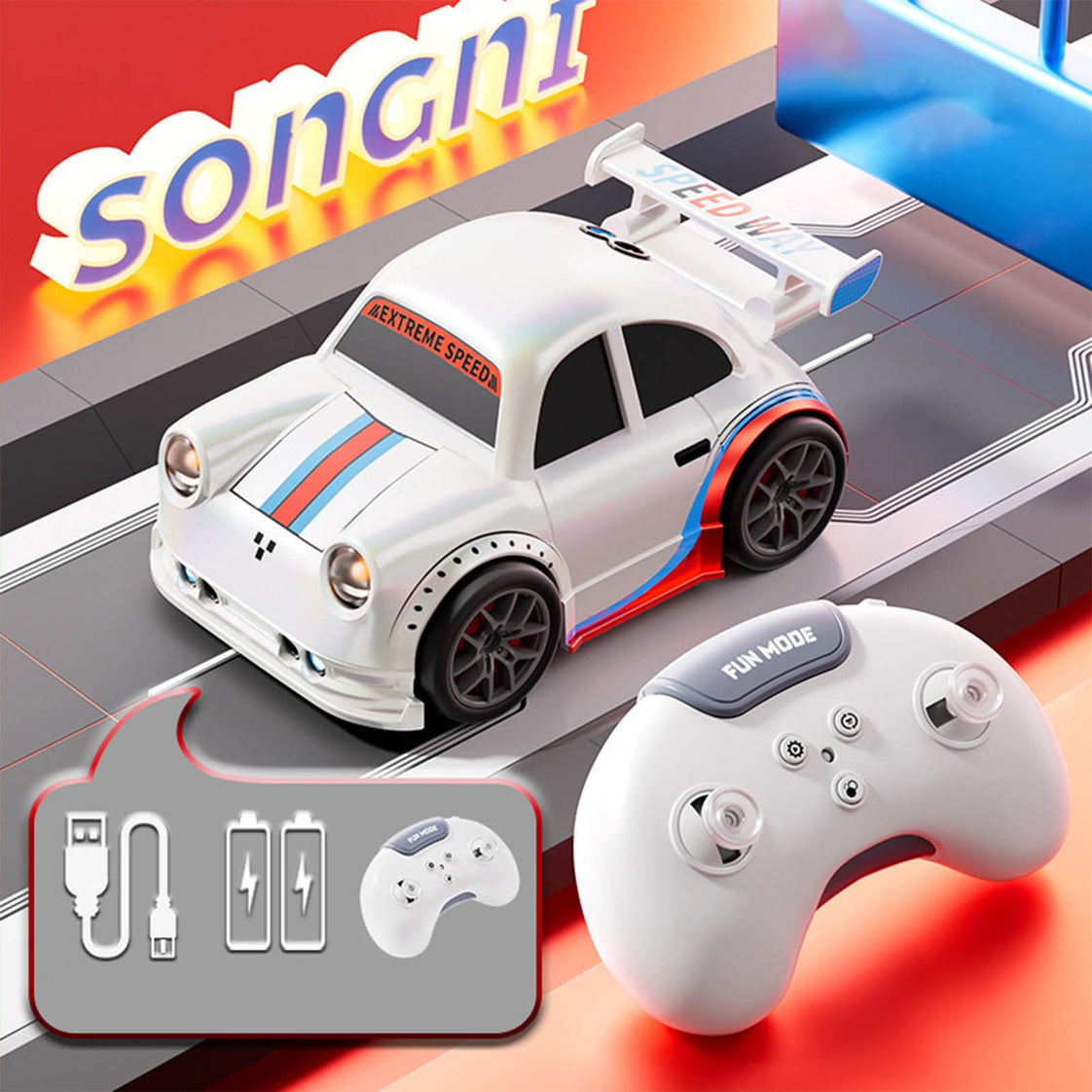 2.4G RC Drift Car Rechargeable Remote Control Stunt Vehicle with Lights & Sounds, Rotating Drift Racing Toy for Kids Indoor Gift