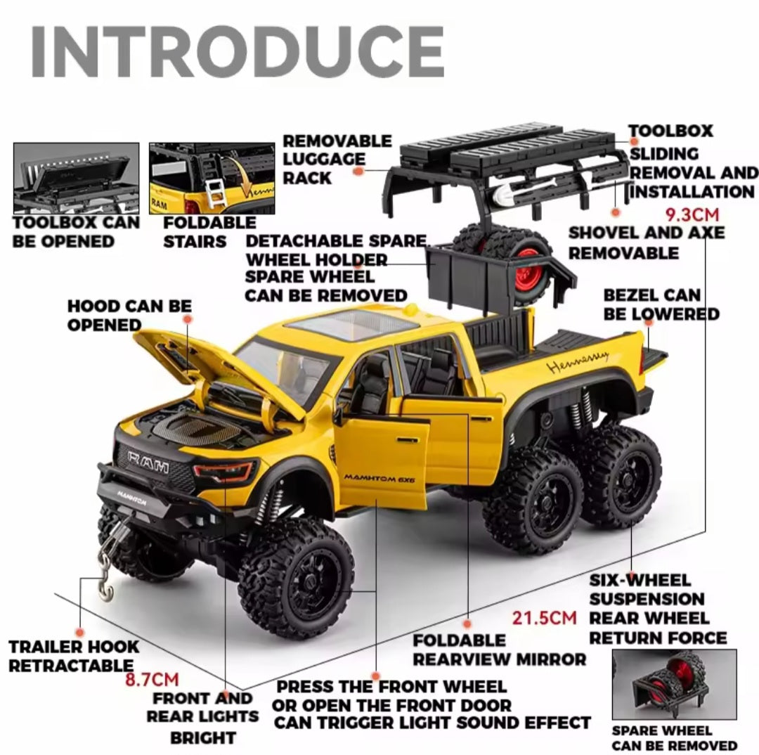 1:24 Dodge Mammoth RAM 1000 TRX 6x6 Pickup Metal Alloy Diecast Model Car Children's Toy Car With Light Collections