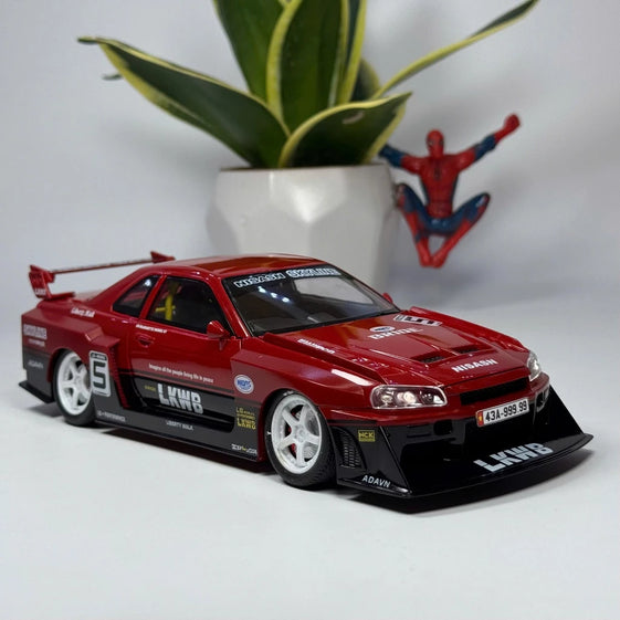 1:24 skyline Gtr R34 alloy modified wide body sports car model sound and light