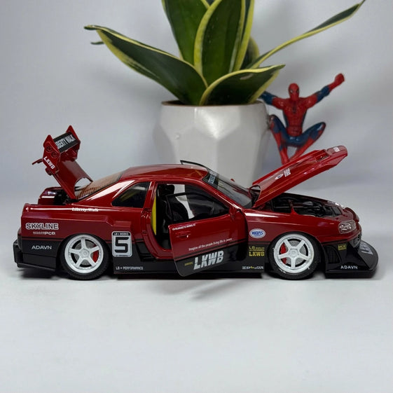 1:24 skyline Gtr R34 alloy modified wide body sports car model sound and light