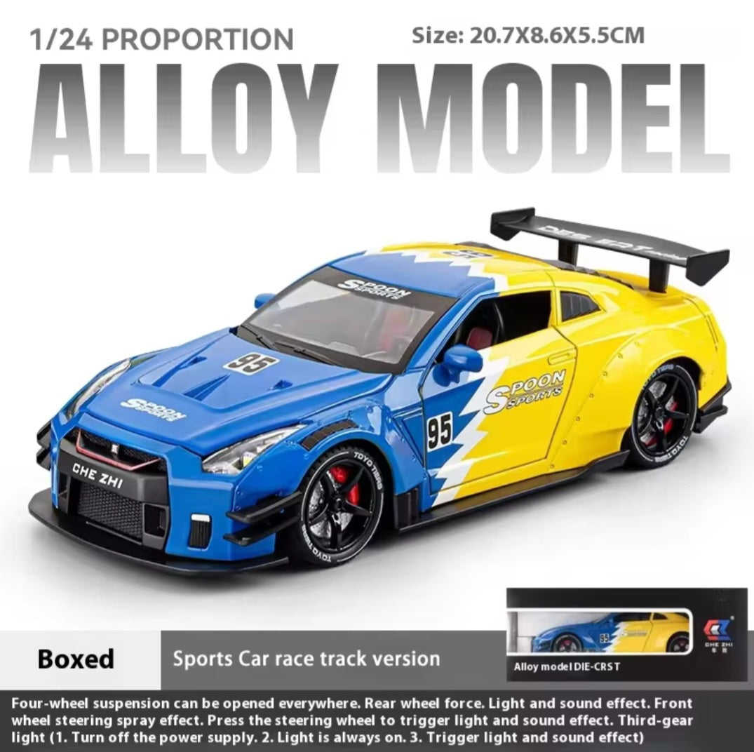 1:24 NISSAN GTR R35 DIECAST ALLOY MODEL CAR WITH SMOKE FUNCTIONS LIGHT AND SOUND DOORS OPENABLE