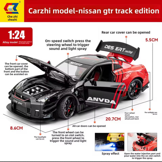 1:24 NISSAN GTR R35 DIECAST ALLOY MODEL CAR WITH SMOKE FUNCTIONS LIGHT AND SOUND DOORS OPENABLE