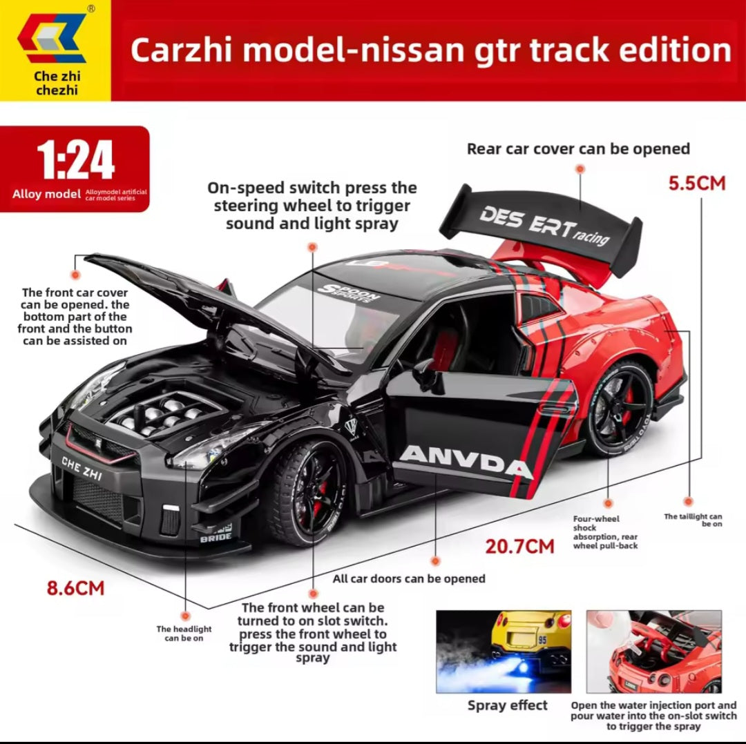 1:24 NISSAN GTR R35 DIECAST ALLOY MODEL CAR WITH SMOKE FUNCTIONS LIGHT AND SOUND DOORS OPENABLE