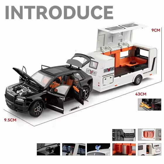 1/20 Cullinan SUV Alloy Trailer RV Car Model Diecast Metal Camper Van Motorhome Touring Car Vehicles Model Sound Light Kids Gift