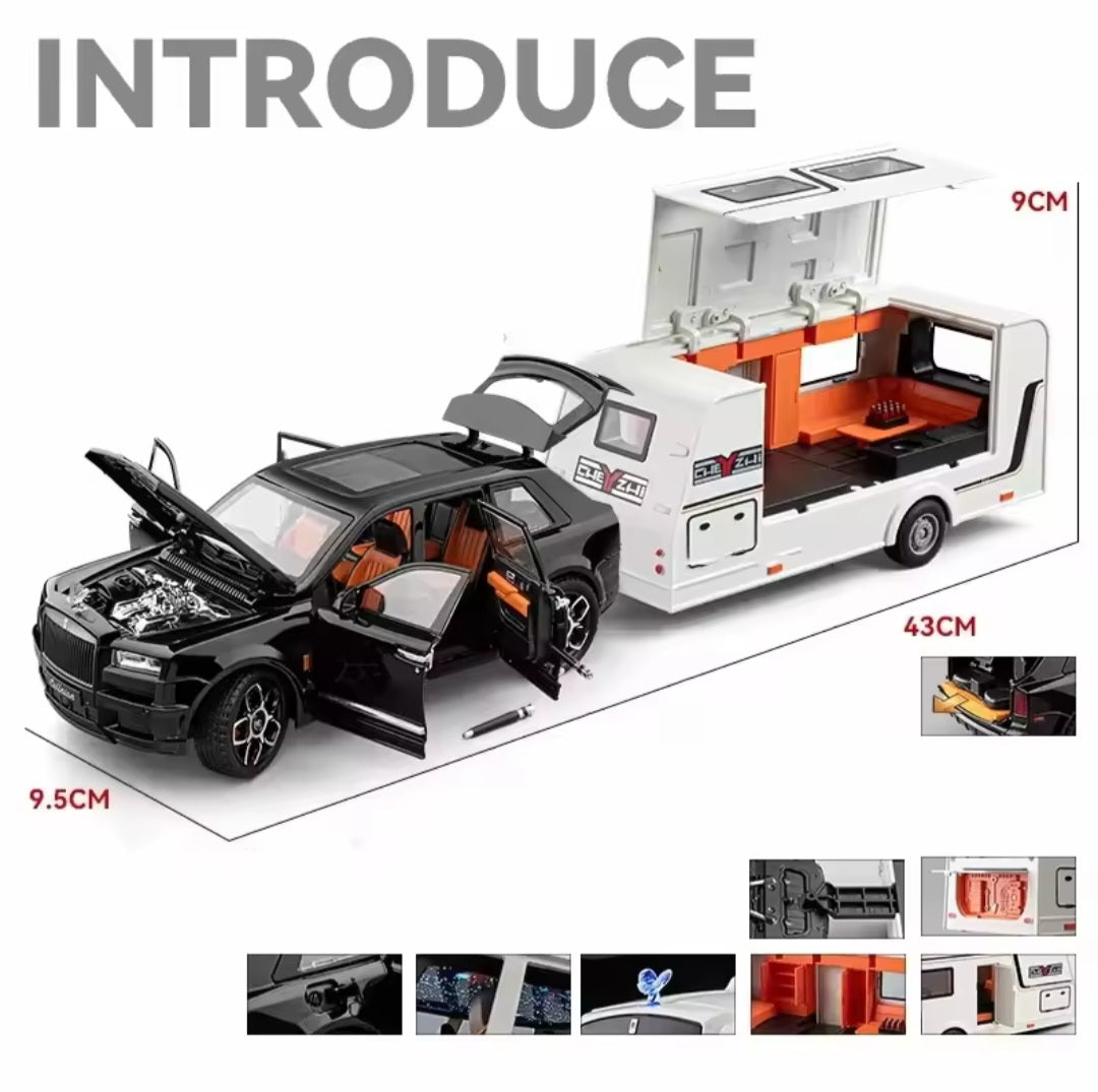 1/20 Cullinan SUV Alloy Trailer RV Car Model Diecast Metal Camper Van Motorhome Touring Car Vehicles Model Sound Light Kids Gift