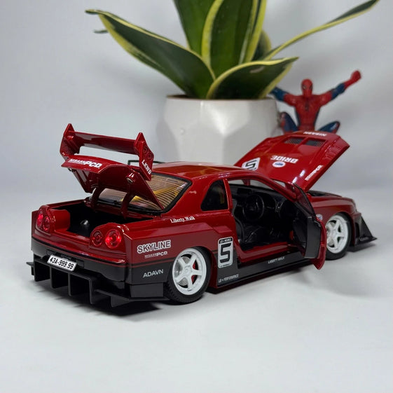 1:24 skyline Gtr R34 alloy modified wide body sports car model sound and light