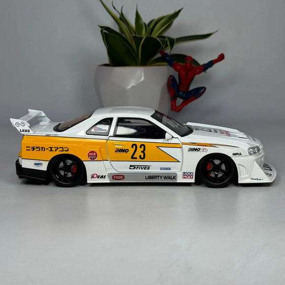 1:24 skyline Gtr R34 alloy modified wide body sports car model sound and light