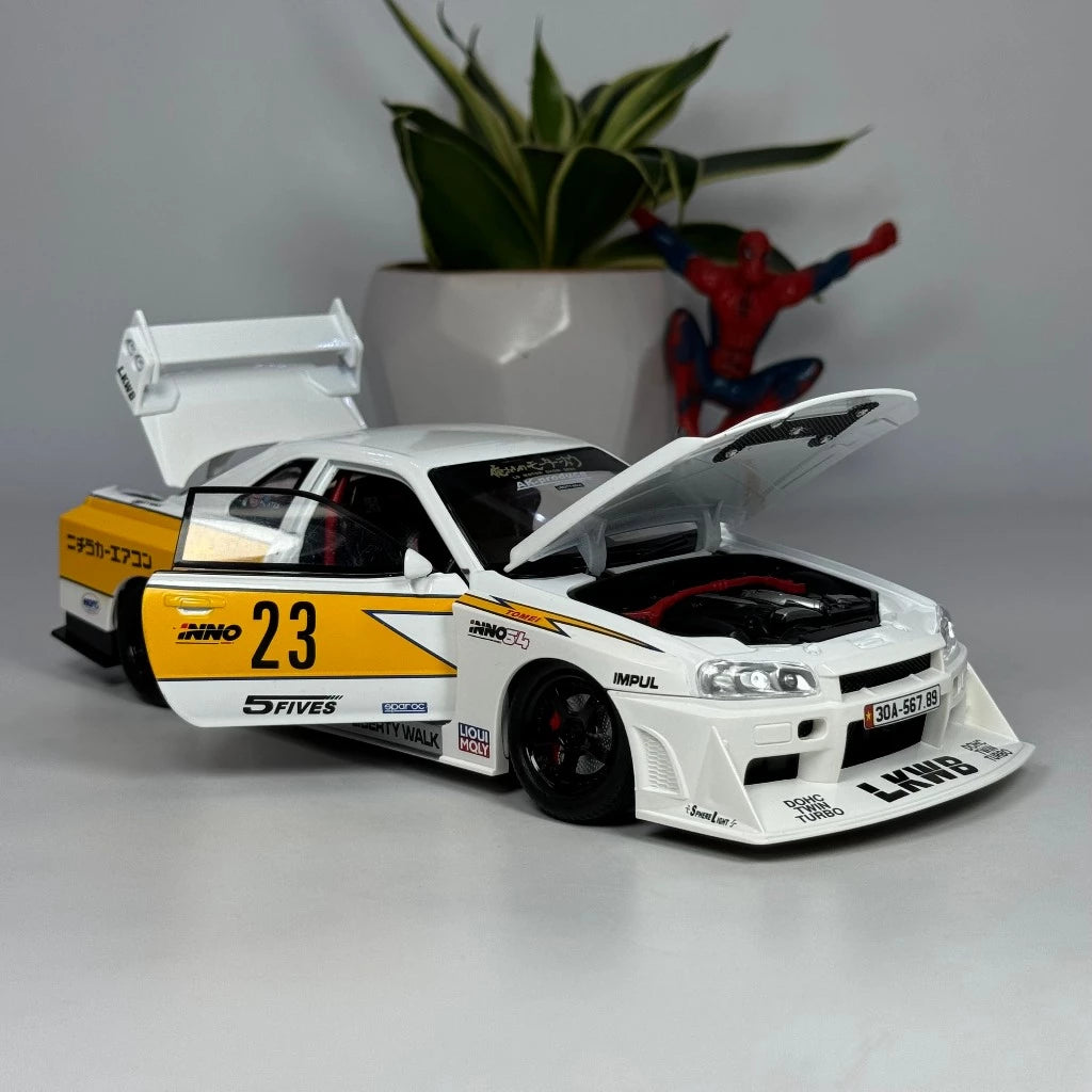 1:24 skyline Gtr R34 alloy modified wide body sports car model sound and light