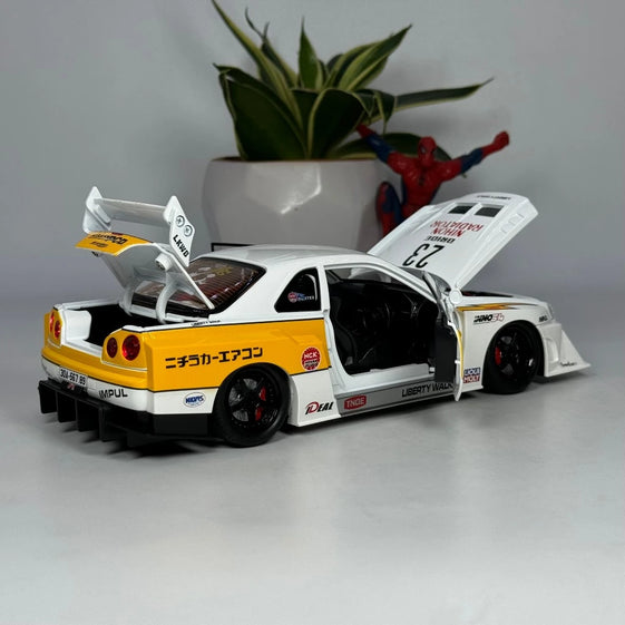 1:24 skyline Gtr R34 alloy modified wide body sports car model sound and light