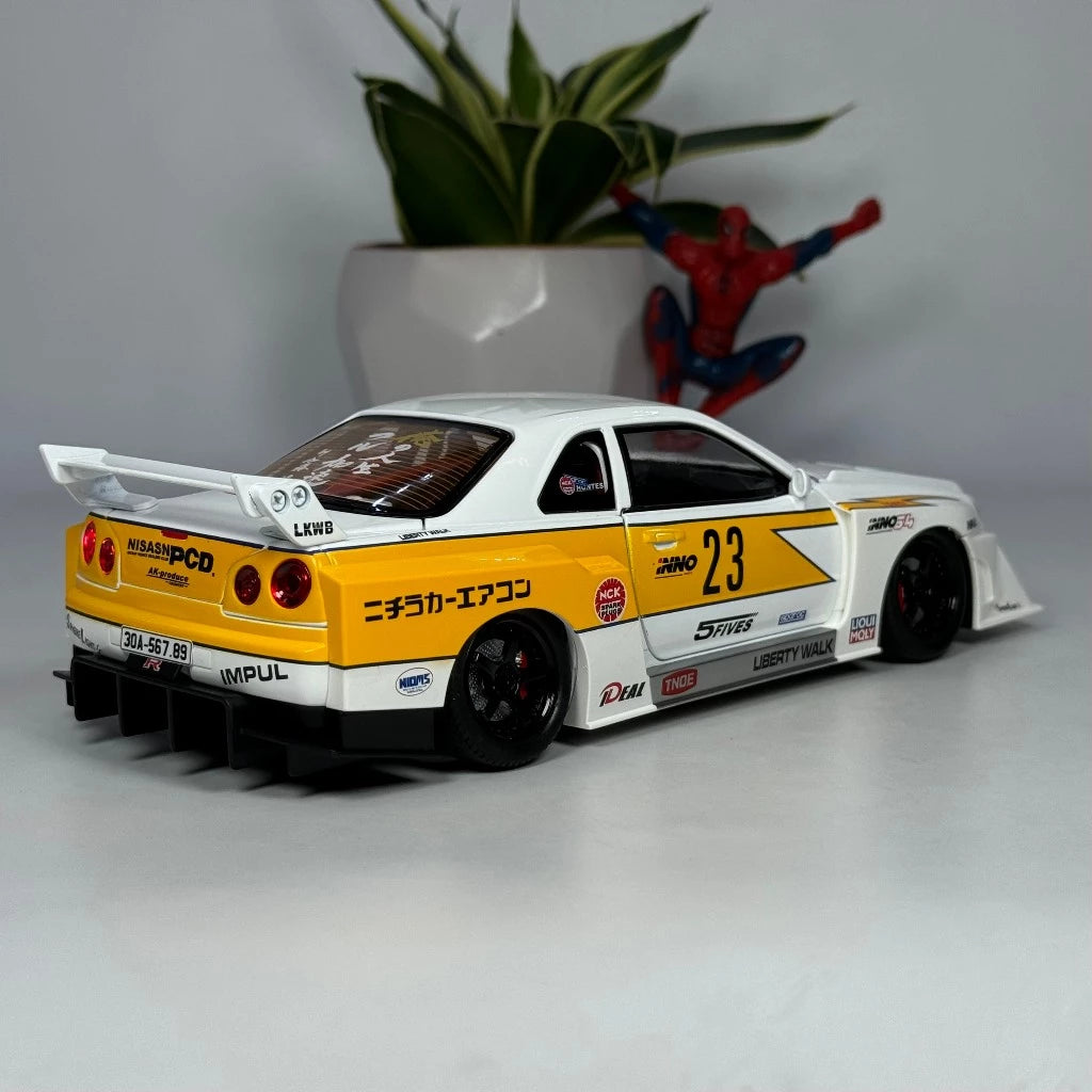 1:24 skyline Gtr R34 alloy modified wide body sports car model sound and light