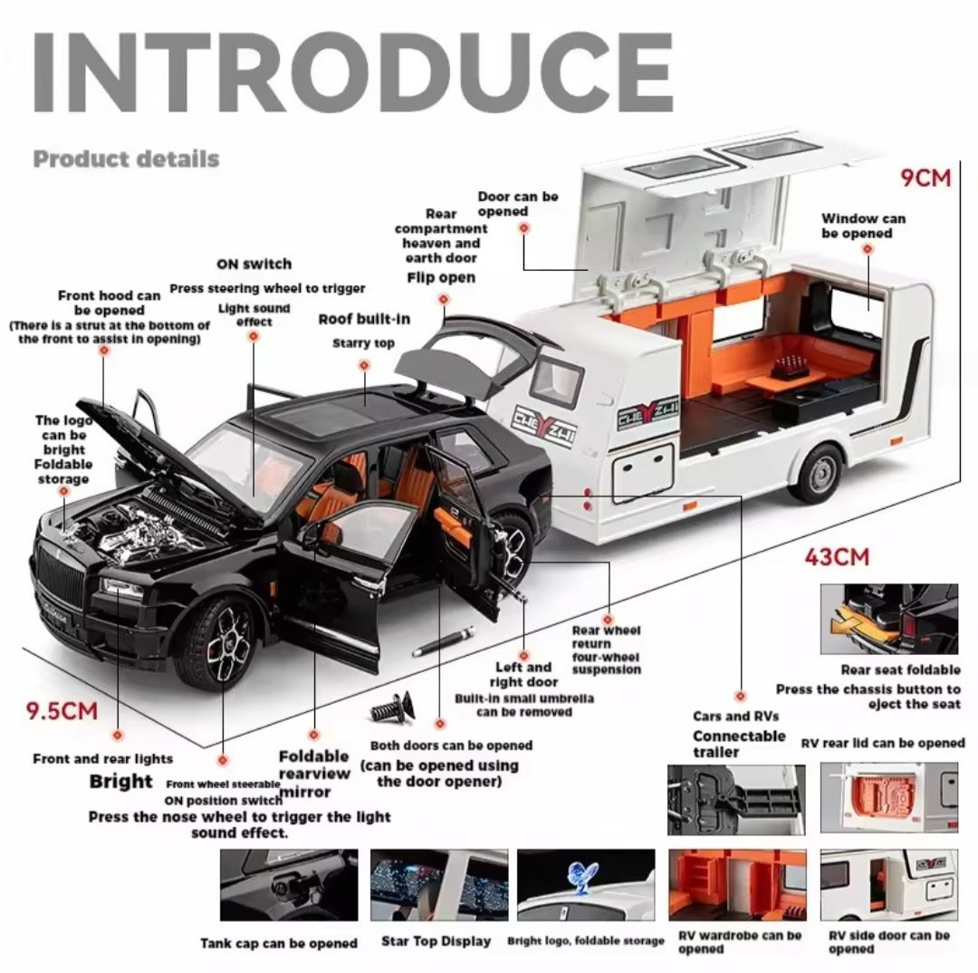 1/20 Cullinan SUV Alloy Trailer RV Car Model Diecast Metal Camper Van Motorhome Touring Car Vehicles Model Sound Light Kids Gift