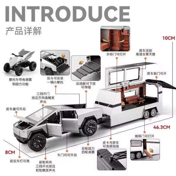 1:32 Cyber toy truck Model Y Trailer Car Alloy Diecasts & Toy Vehicles Metal Toy Car Model Sound and light Collection Kids Toy