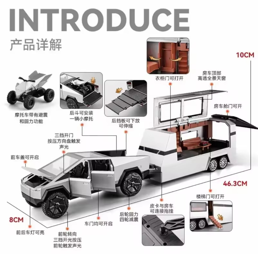 1:32 Cyber toy truck Model Y Trailer Car Alloy Diecasts & Toy Vehicles Metal Toy Car Model Sound and light Collection Kids Toy