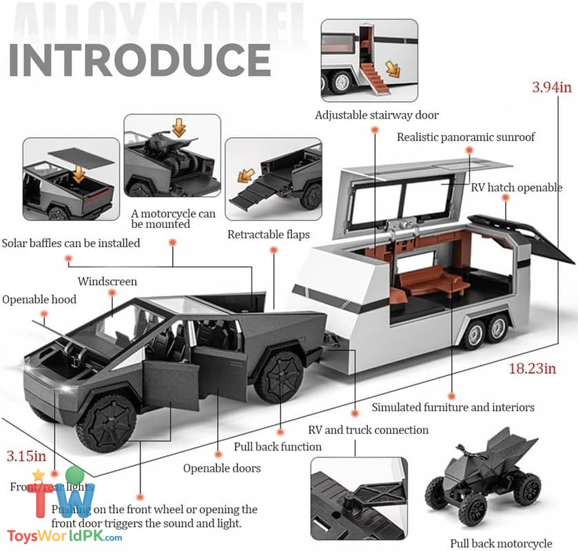 1/32 Pickup Truck Trailer RV Model Kit,Suitable for Tesla Cyber truck, Camping RVs,and Off-Road Vehicles, Metal Alloy Die Cast,with Truck Simulation Sound and Light - Image 11
