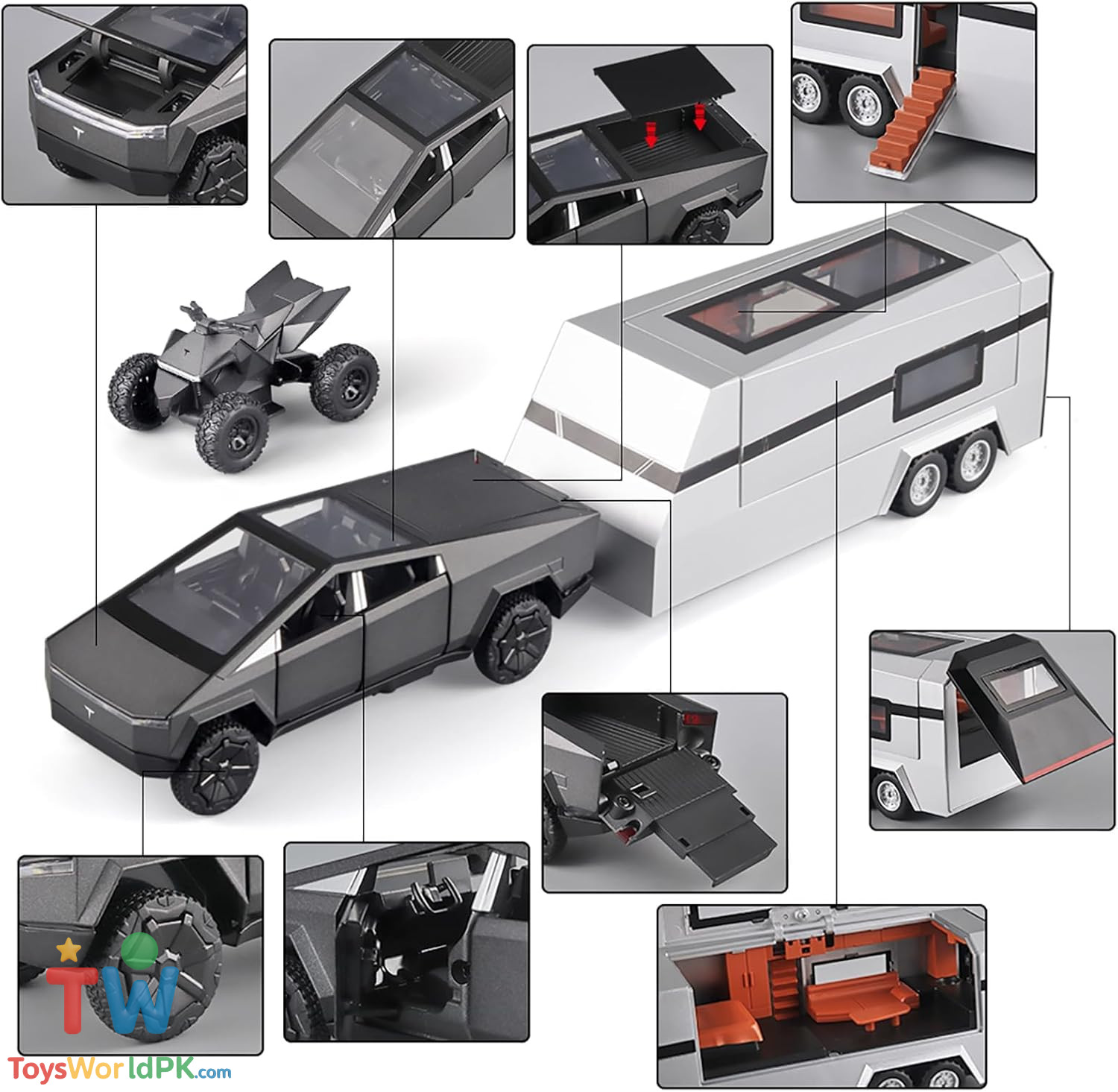 1/32 Pickup Truck Trailer RV Model Kit,Suitable for Tesla Cyber truck, Camping RVs,and Off-Road Vehicles, Metal Alloy Die Cast,with Truck Simulation Sound and Light - Image 6